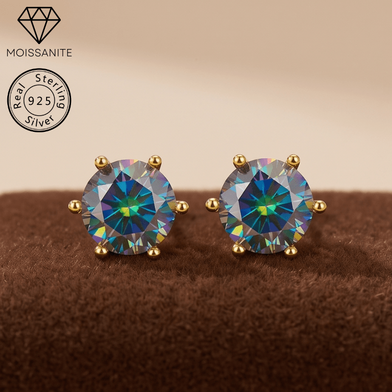 Women's Colorful Blue Moissanite Stud Earrings, Elegant Design